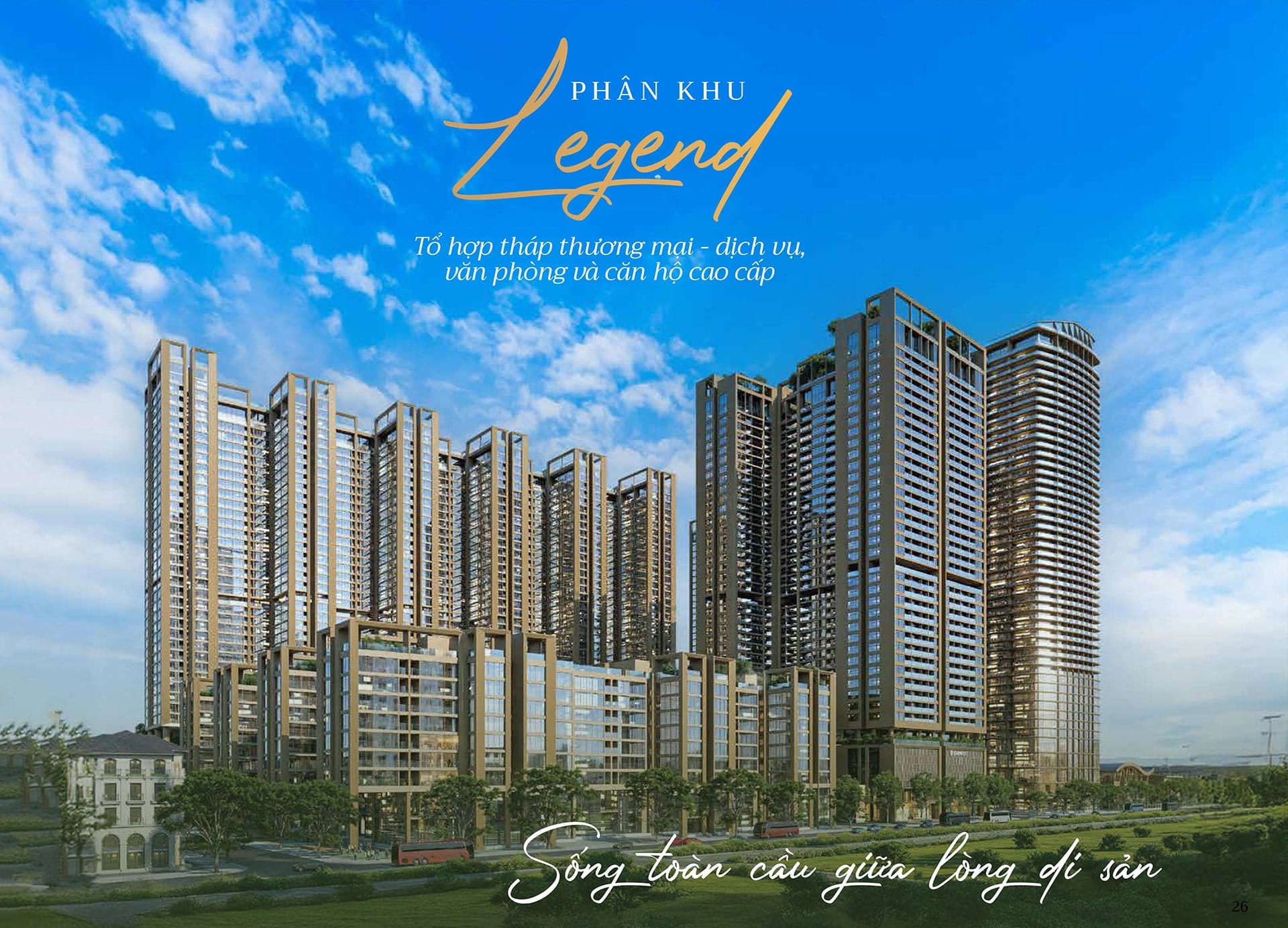 Hình ảnh phối cảnh Phân khu Legend thuộc dự án Sunshine Legend City, gồm tổ hợp tháp thương mại, dịch vụ, văn phòng và căn hộ cao cấp hiện đại.