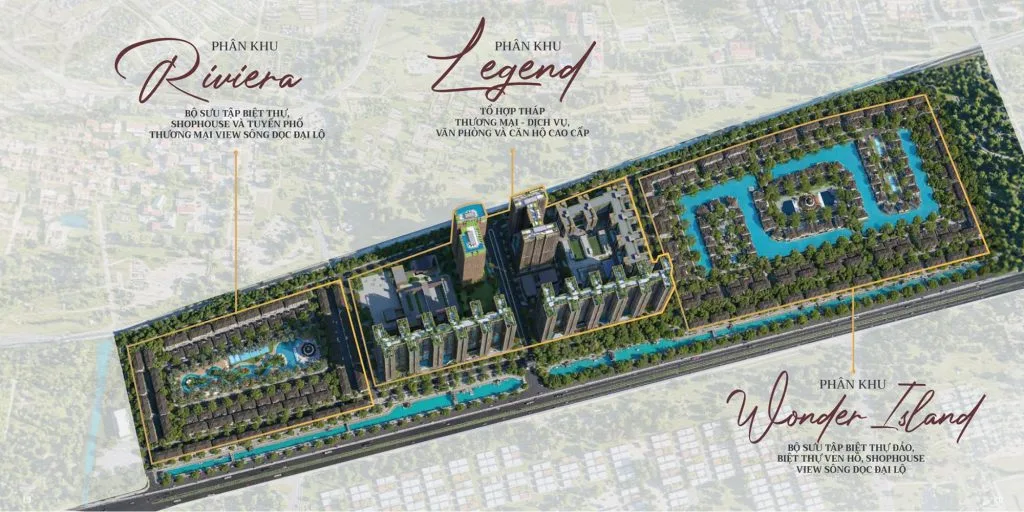 Hình ảnh tổng thể dự án Sunshine Legend City với ba phân khu: Riviera gồm biệt thự, shophouse thương mại view sông; Legend là tổ hợp tháp thương mại, văn phòng và căn hộ cao cấp; Wonder Island – khu biệt thự đảo, biệt thự ven hồ và shophouse ven sông.