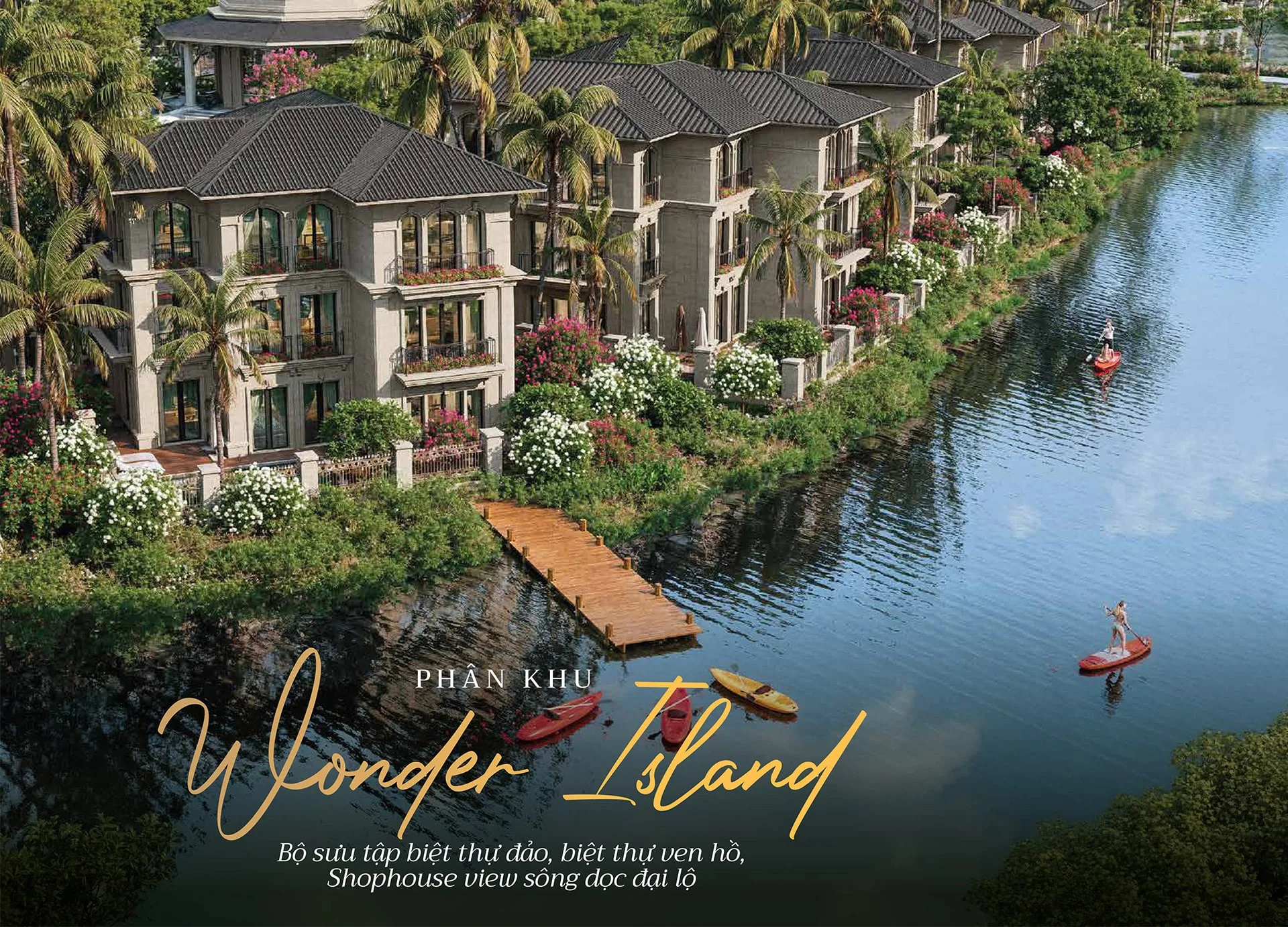 Hình ảnh phối cảnh phân khu Wonder Island thuộc Sunshine Legend City, với biệt thự đảo và biệt thự ven hồ sang trọng, bao quanh bởi sông nước và cây xanh