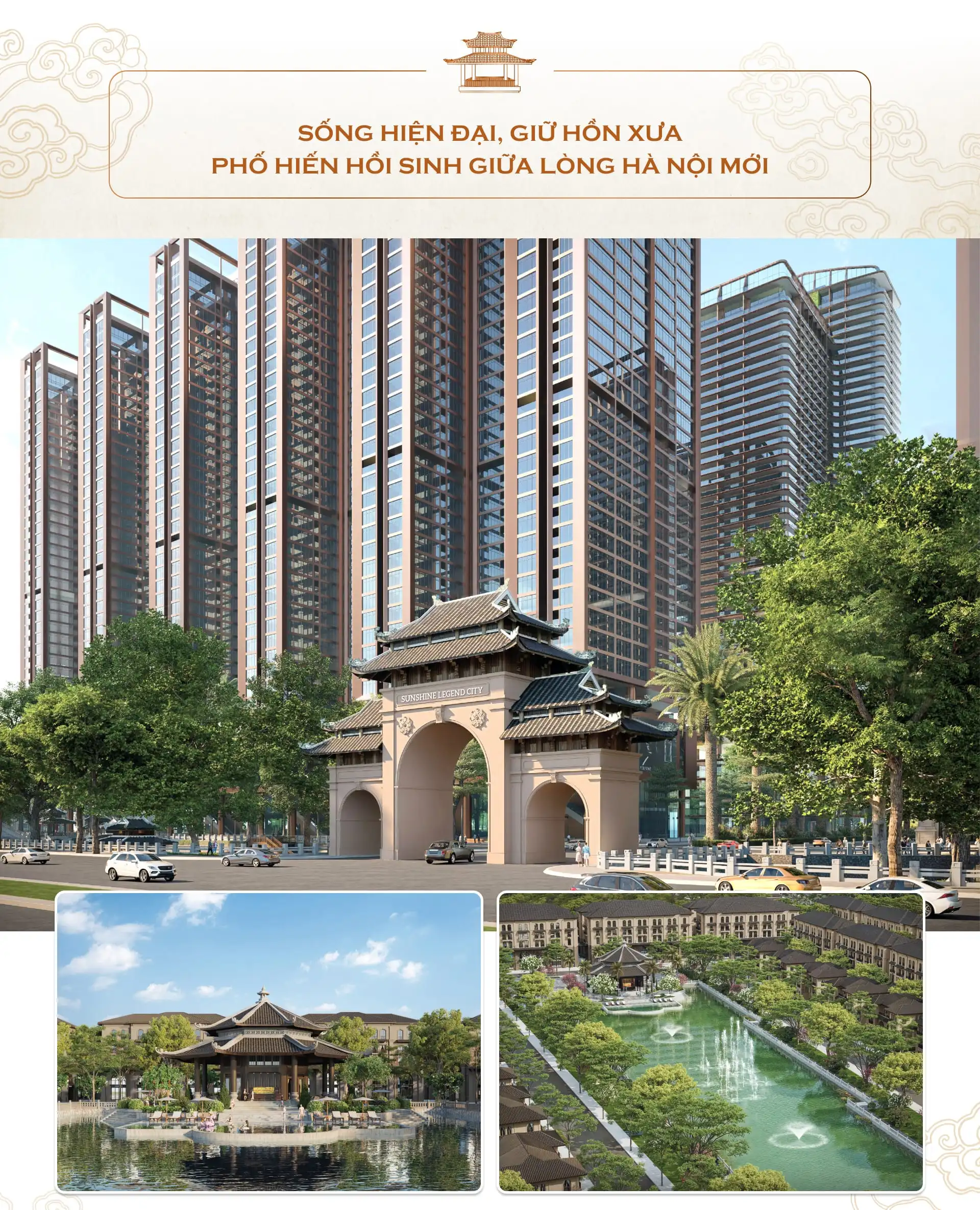 Với khát vọng hồi sinh di sản Phố Hiến trong một tuyệt tác đô thị sinh thái ven sông hiện đại, Sunshine Legend City tái hiện không gian thương cảng huy hoàng một thuở qua những nét kiến trúc đậm chất Á Đông gợi sự kết cấu của gỗ truyền thống và các thương điếm xưa cùng chuỗi cảnh quan liên hoàn như cầu đá vòm, bến thuyền, nhà chòi, thủy đình bát giác soi bóng dòng sông di sản xuyên suốt toàn khu.
