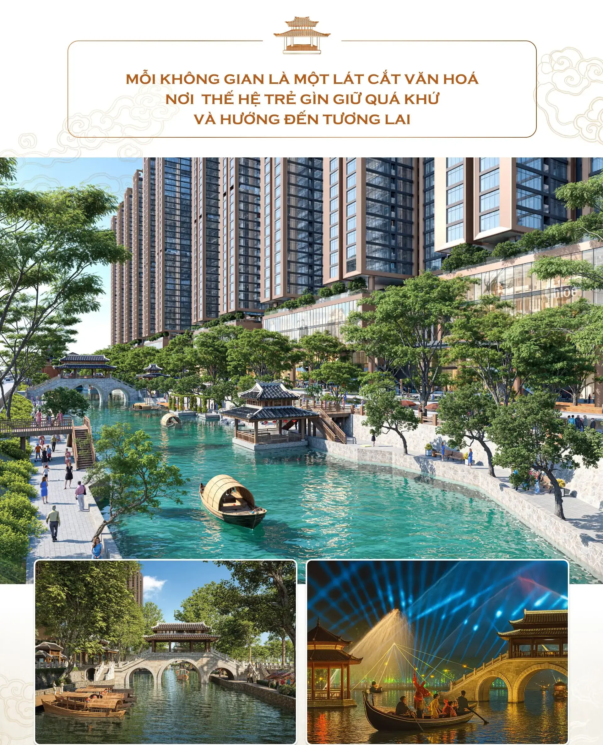 Dòng sông di sản chảy xuyên suốt trước mặt tiền dự án, được kiến tạo như một sân khấu ngoại với những bến thuyền và chòi nghỉ duyên dáng được bố trí dọc hai bên bờ, mở ra trải nghiệm du ngoạn trên sông, nơi cư dân và du khách có thể tham gia các tour du lịch đêm, lễ hội sông nước, thưởng ngoạn trình diễn thực cảnh sống động tái hiện hình ảnh thương cảng Phố Hiến phồn hoa.