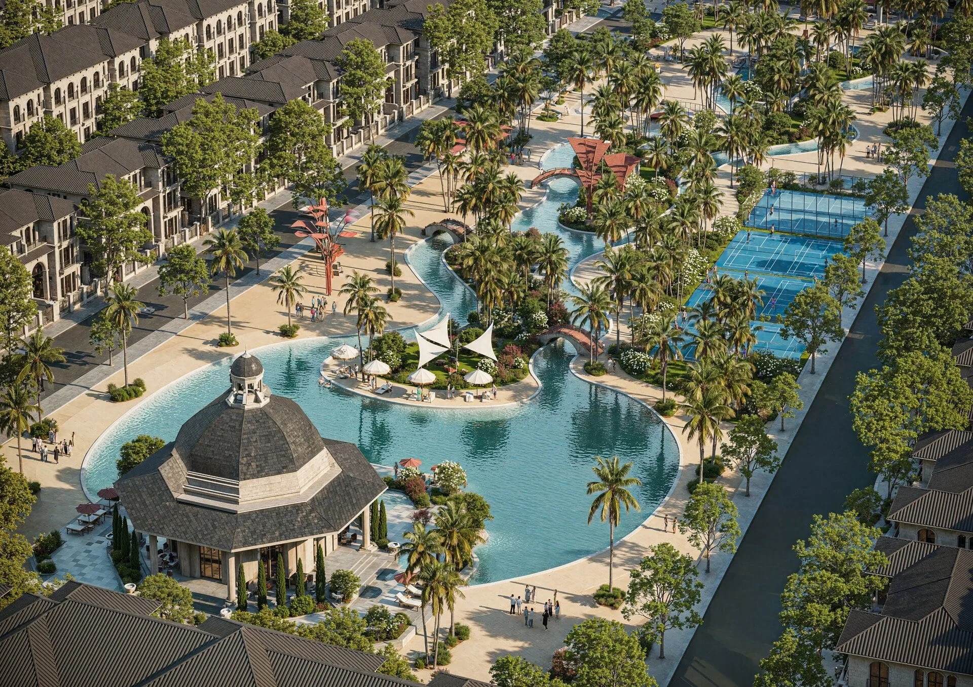 Tổ hợp tiện ích nghỉ dưỡng liên hoàn với không gian 'mini beach' độc đáo với hồ cảnh quan, pool bar ngoài trời, sân tắm nắng, bãi cát trắng mịn và tổ hợp sân thể thao