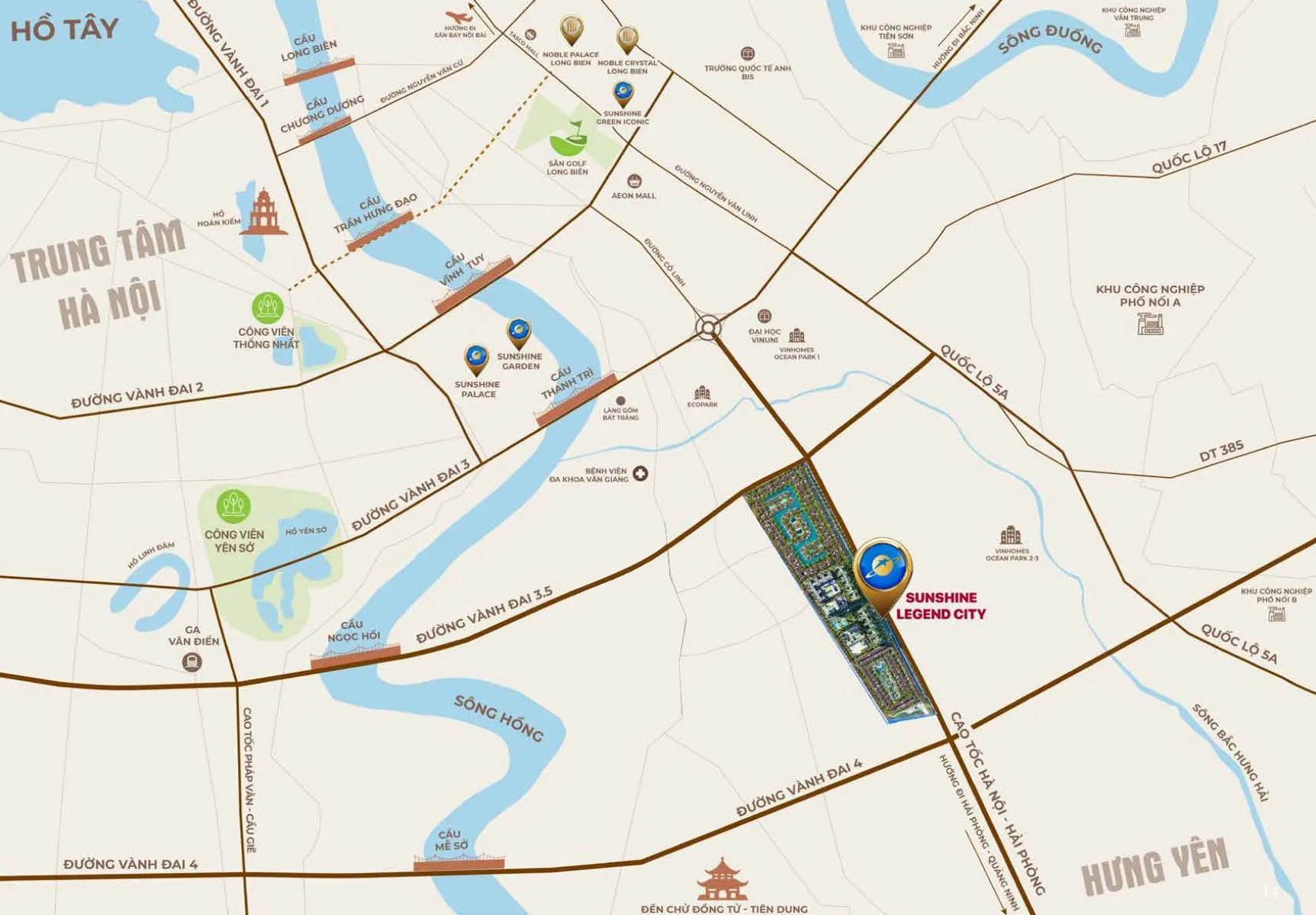 Bản đồ vị trí Sunshine Legend City, dự án nằm giữa đường Vành đai 3.5 và Vành đai 4, sát cao tốc Hà Nội – Hải Phòng, thuận lợi di chuyển đến trung tâm Hà Nội và các tỉnh lân cận